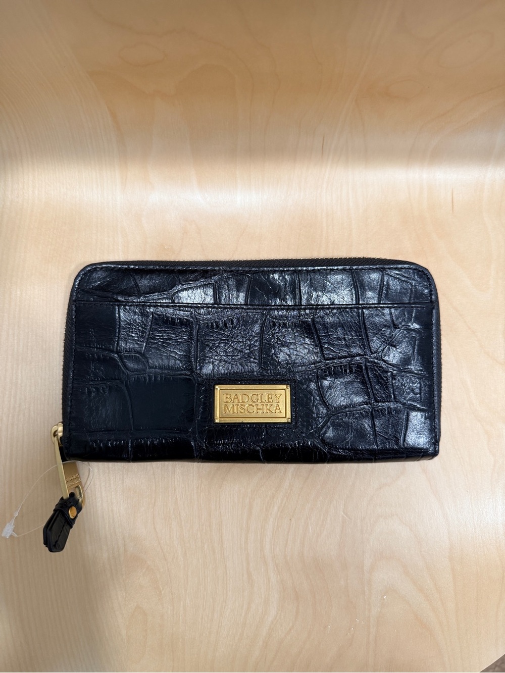 Badgley Mischka Black Croc-Embossed Zip-Around Wallet with Gold Plaque
